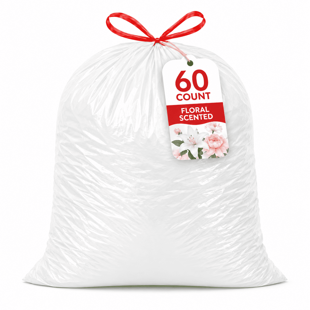30 Gallon White Trash Bags, 60 Count, Floral Scented Drawstring Garbage Bags for Large Kitchen, Office, Garage and Household Cleanup