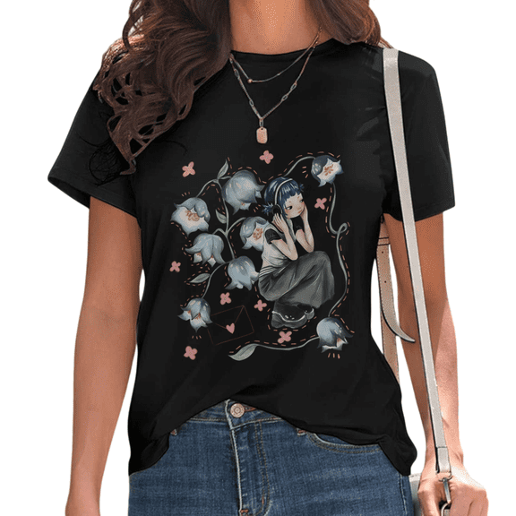 Black Anime Girl Listening to Music with Blue Bell Flowers Print Tshirt Graphic Tees Shirts Y2K Aesthetic Coquette Floral Lover Tops S-5XL