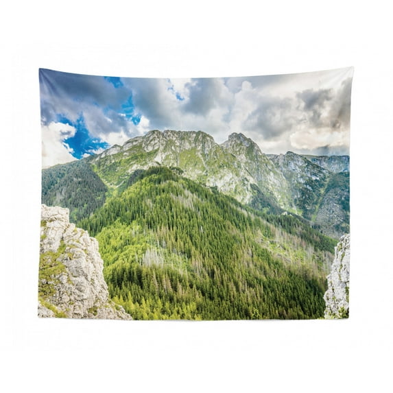 Evergreen Tapestry, Mountainous Pine Forest in Poklijuka Slovenia Foggy Sky High Setting, Fabric Wall Hanging Decor for Bedroom Living Room Dorm, 2 Sizes, Pale Ceil Blue Green, by Ambesonne