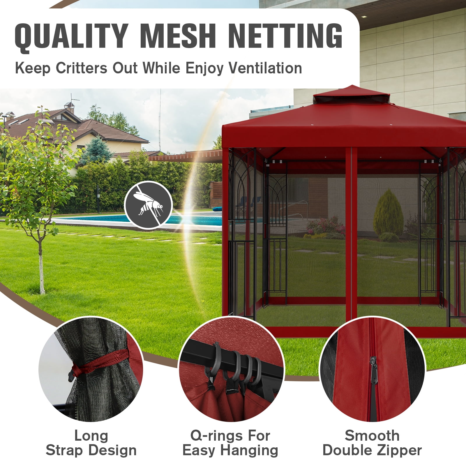 COOS BAY 8 ft. W x 8 ft. D Red Outdoor Patio Soft Vented Top Gazebo with Zipped Netting, Corner Shelves, Ceiling Hook