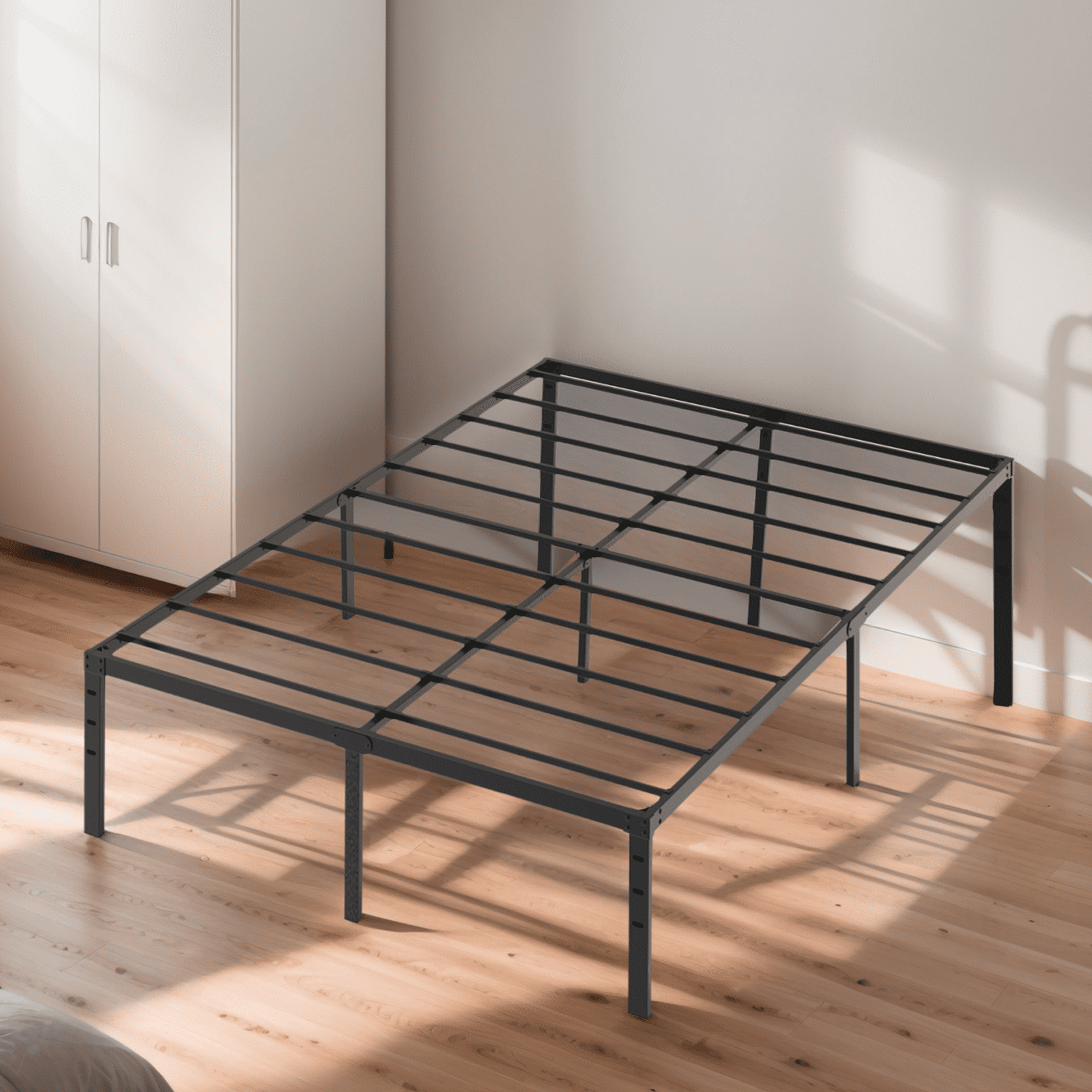 Full Size 14 Inch High Metal Platform Bed Frame Heavy Duty Steel Slat Support No Box Spring Required Noise-Free Underbed Storage Bed Base