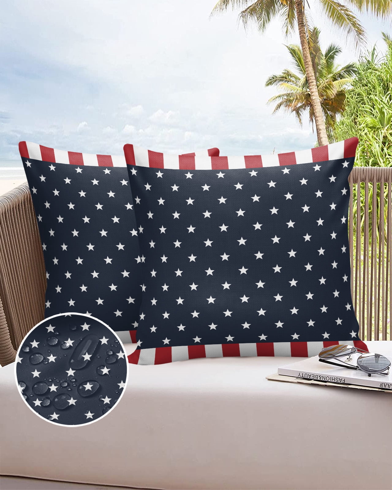 Independence Day Patriotic Stars on Blue Outdoor Pillow Covers Set of 2, Decorative Waterproof Throw Pillow Case, Red White Stripes Border Cotton Linen Soft Cozy Cushion Pillowcases