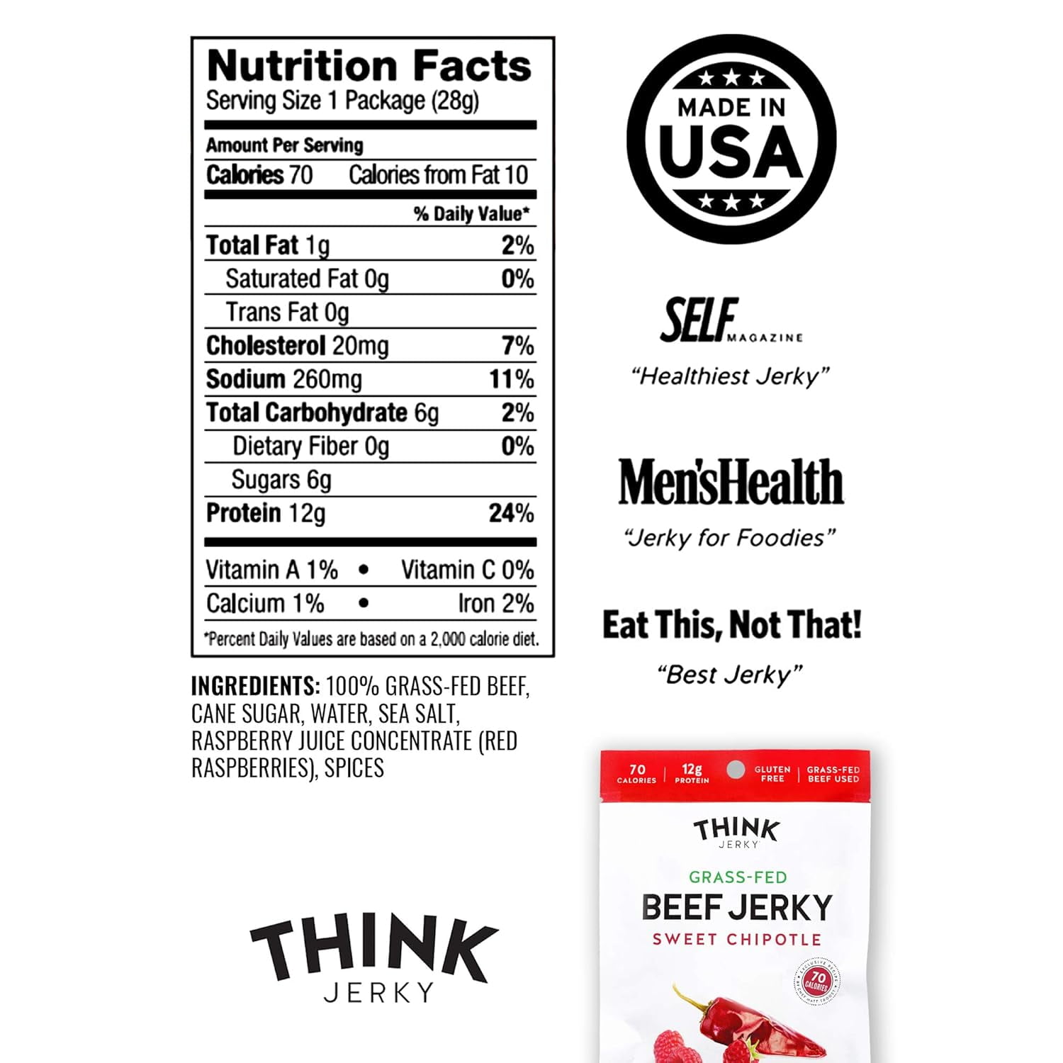 Think Jerky Sweet Chipotle Beef Jerky, Grass-Fed High Protein Beef, Gluten Free, No Antibiotics or Nitrates, Healthy Chef Crafted Recipe, Low Calorie and Low Fat - 1.0 oz Bags, 8 Pack