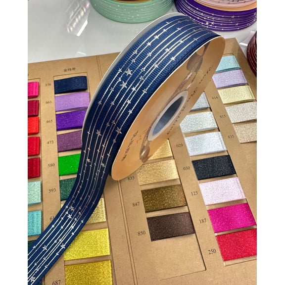 NAMZI 48 Yards 1" Wide Star Satin Ribbon (1 Roll), Silver Foil Printed Decorative Ribbon Perfect for Crafts, Party & Wedding Decor, Navy Blue