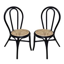 Set of 2 Black Rattan Dining Chairs with Cane Seats, Boho Farmhouse Kitchen Chairs, Armless Wooden Chairs with Natural Weave Seagrass Design for Compact Spaces