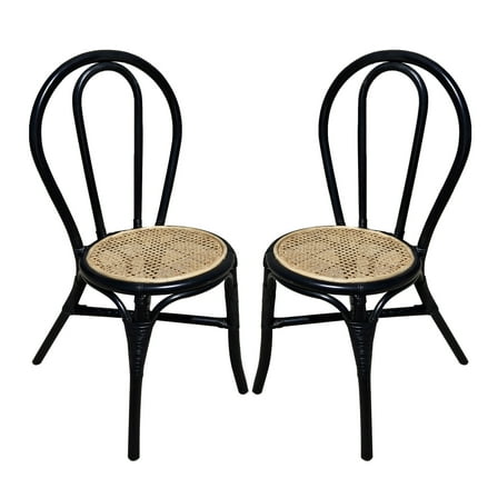 Black Rattan Dining Chairs Set of 2, Boho Farmhouse Kitchen Chairs with Cane Seats, Armless Wooden Chairs with Natural Weave Seagrass Design