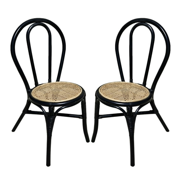 Black Rattan Dining Chairs Set of 2, Boho Farmhouse Kitchen Chairs with Cane Seats, Armless Wooden Chairs with Natural Weave Seagrass Design