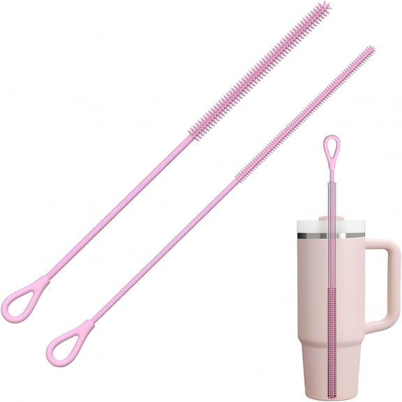 ACDANC Silicone Straw Cleaner Brush,2Pcs Reusable Straw Brush Extra Long for Cleaning Tumbler with Handle and Glass Metal Smoothie Straws,Non-Slip Handle Soft and Bendable,6Mm 9Mm,Pink
