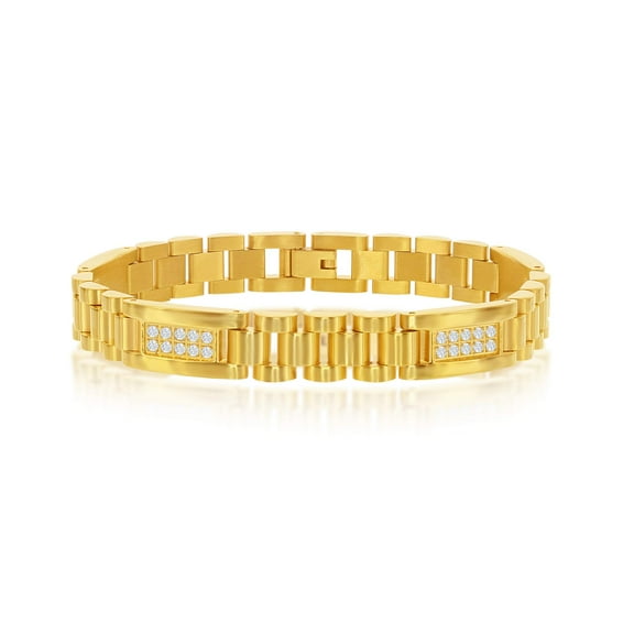 Gold Plated Stainless Steel Micro Pave Cubic Zirconia 8.5’’ Men’s Link Solid Bracelet