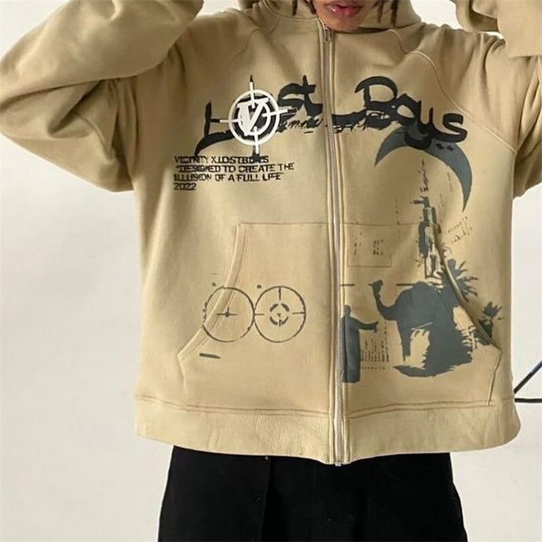 YCNYCHCHY Hip Hop Print Joggers Sweatshirt Korean Fashion Punk Sport Coat  Pullover Gothic Long Sleeve Zip Up Hoodie Y2k Jacket Men