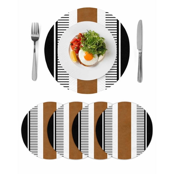 Modern Brown Black Round 15 Inch Placemats Set of 4, Boho Contemporary Geometric Striped HeatResistant Non Slip Place Mats for Dining Table, Wipeable Braided Kitchen Table Mats for Housewarming