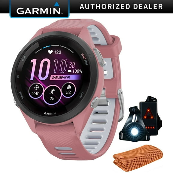 Garmin 010-02810-05 Forerunner 265S GPS Smartwatch, Light Pink/Whitestone Bundle with Workout Cooling Sport Towel   Deco Essentials Wearable Commuter Front & Rear Safety Light