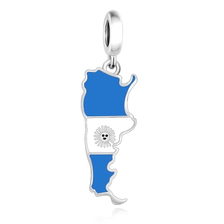 Argentina Map Flag Dangle Charm, 925 Sterling Silver South America Regional Decorative Bead Pendant for Women Bracelets & Necklaces