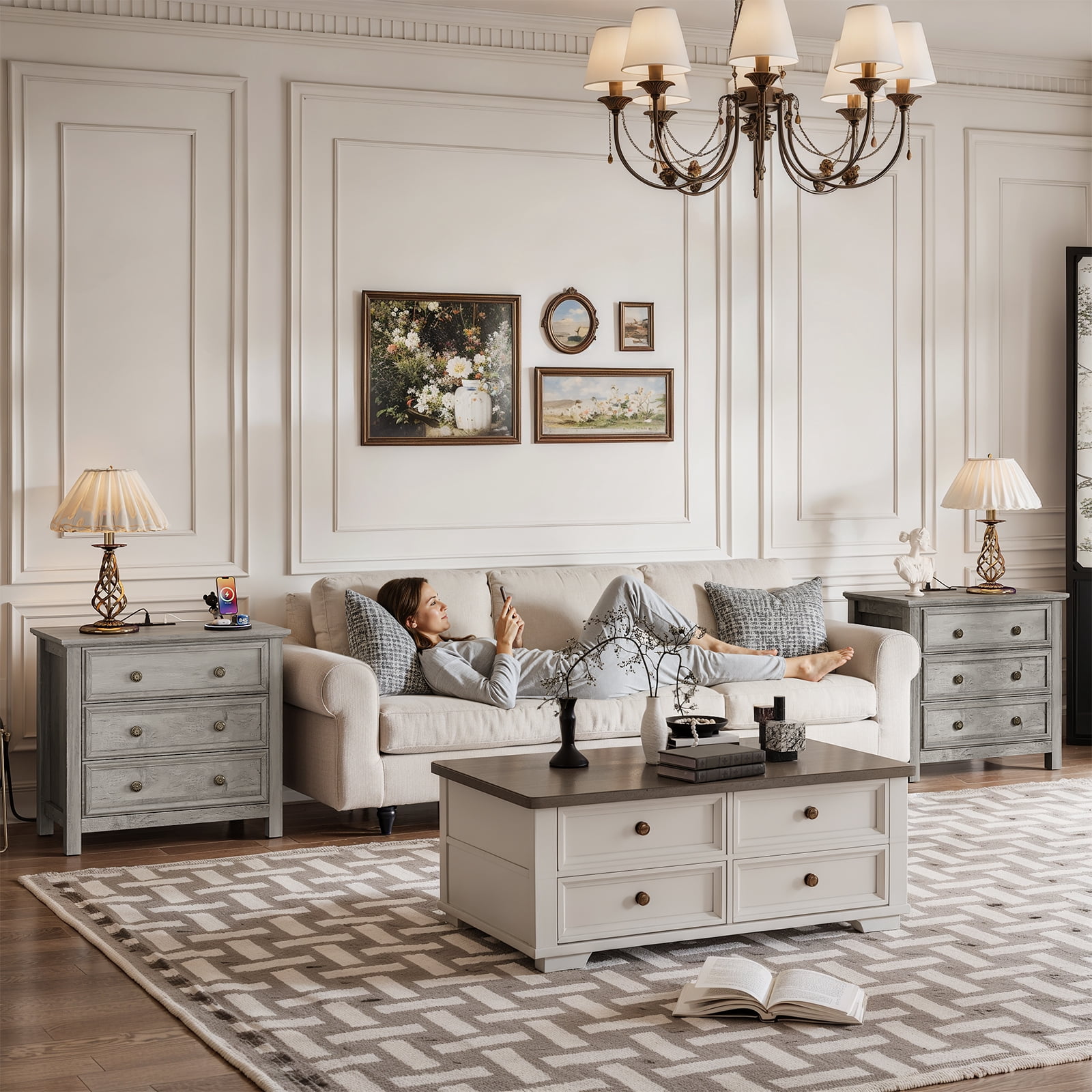 Holliwill 26.7" Wide Nightstand Set of 2 with Charging Station, Farmhouse Nightstands with 3 Drawers, End Table Bedside Table for Bedroom Enrtyway Living Room, Gray