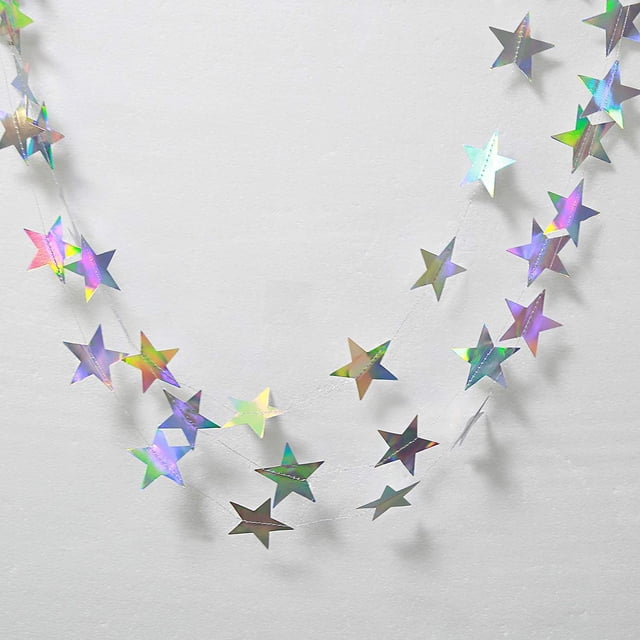 Xiao Hua Paquete de 5 adornos navideños holográficos láser, guirnaldas colgantes con forma de corazón, copos de nieve y estrellas arcoíris, decoraciones 3D para fiestas, estrellas
