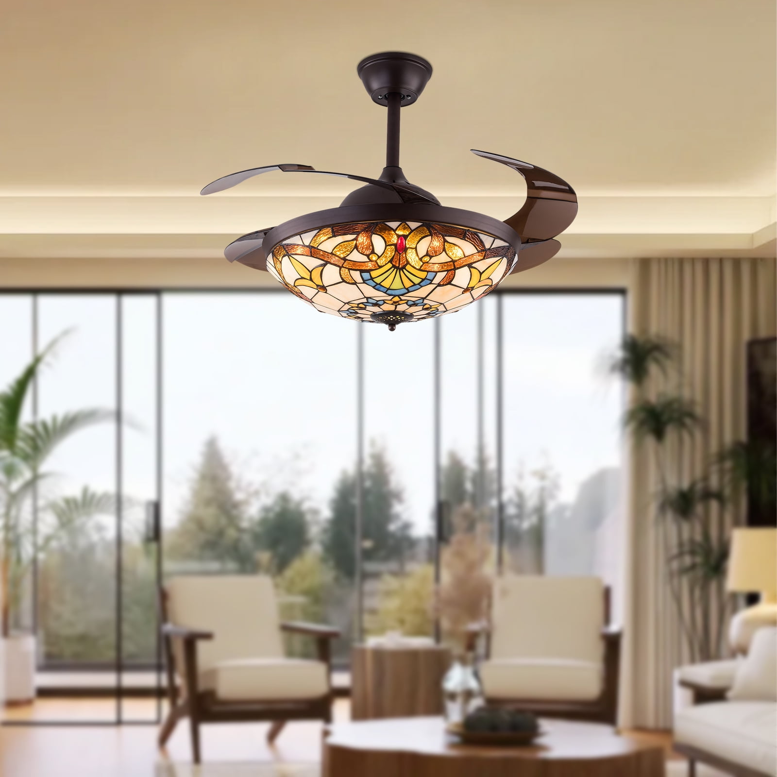 4 Blades Remote Control Ceiling Fan Light Indoor Tiffany Style Chandelier Fan Lamp W/Remote Fandelier