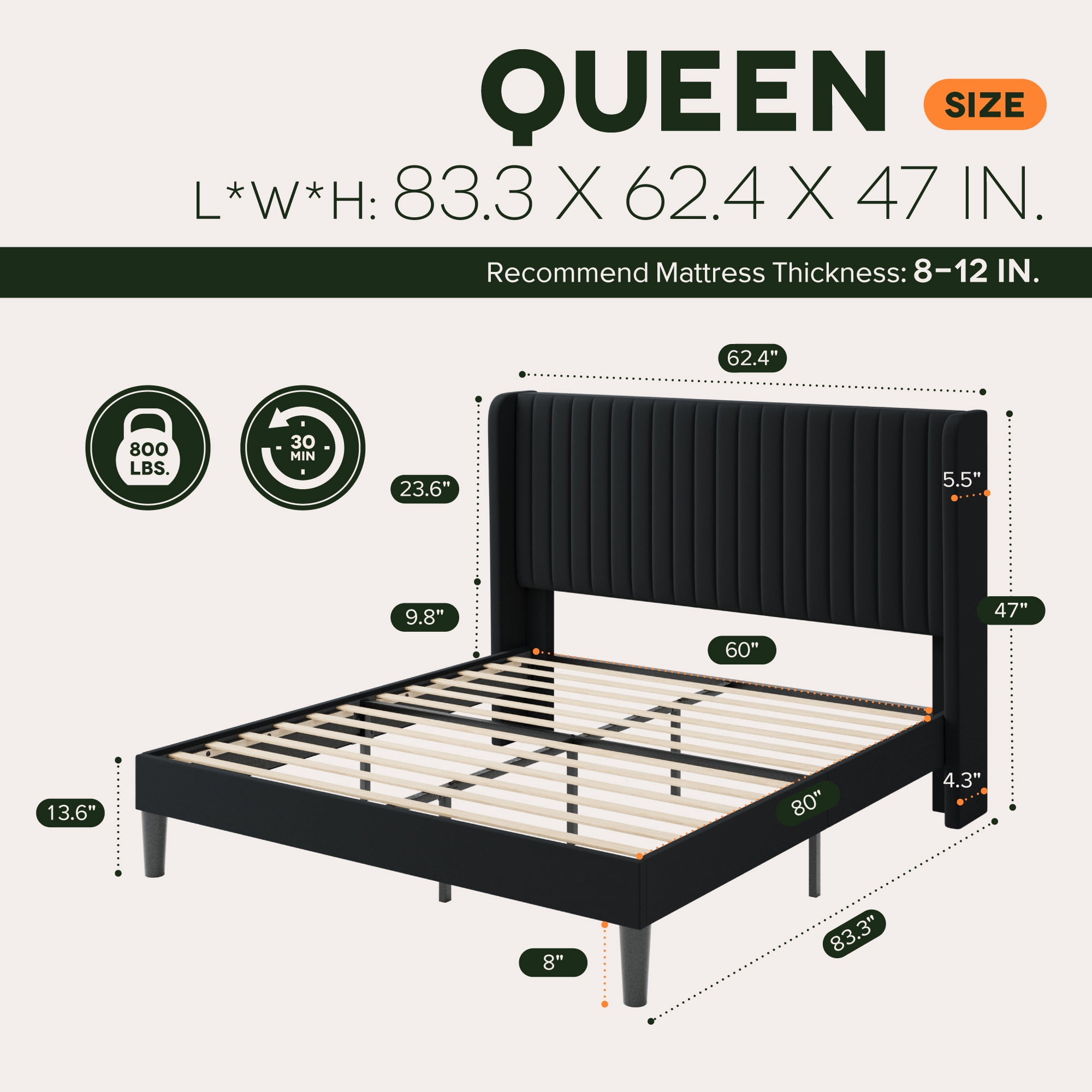 Einfach Queen Bed Frame, Upholstered Platform Bed with Wingback Headboard, No Box Spring Required, Black