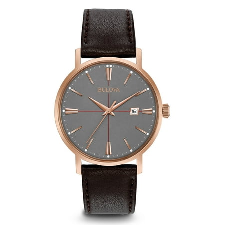 - Bulova 97B154 Men's Classic Grey Dial Rose Gold Plated Steel Brown Leather Strap Watch