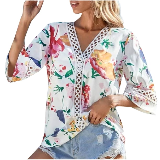 Tops Y Blusas Casuales de Manga Corta con Cuello en V Encaje Blusa de Moda, Poliéster Ligero para Invierno Primavera
