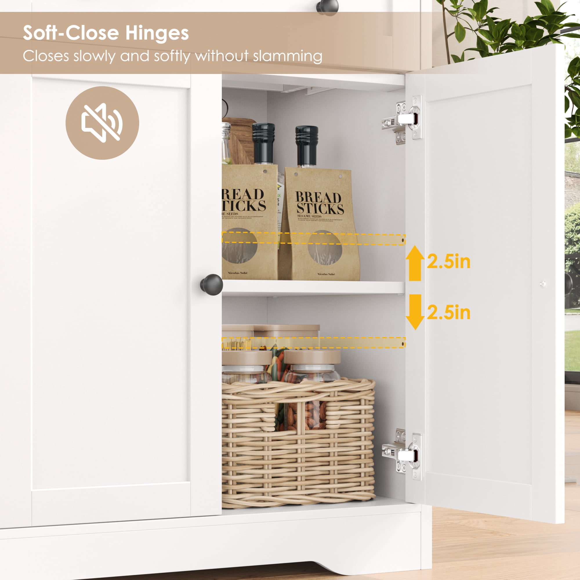 Hiphuta 75"Tall Kitchen Pantry Storage Cabinet with Power Outlet, Large Pantry Cabinet with Microwave Stand, Modern Freestanding Cupboard Hutch for Home Dinning Room, White