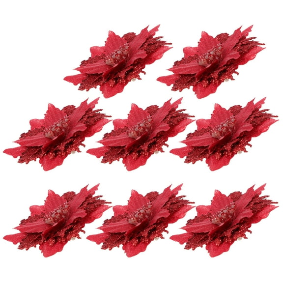 8-Piece Red Poinsettia Mini Ornaments Set for Christmas Tree Decoration Holiday Xmas Decor Festive Home