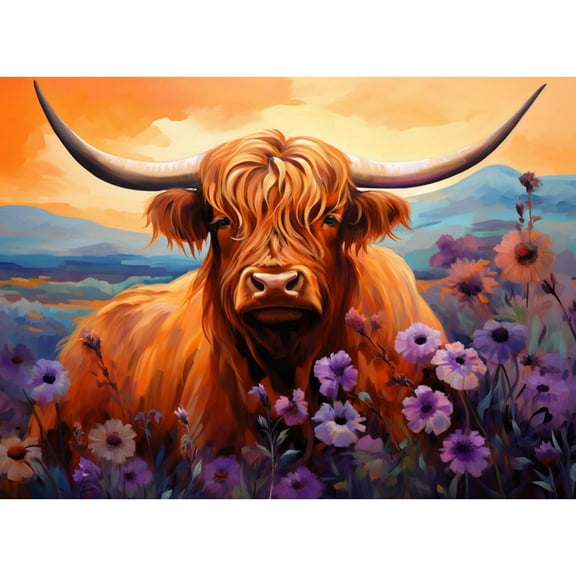 Highland Cow in Flower Grass Sunset DIY 5D Diamond Art Painting by Number Kits for Adults Paint with Round Full Drill Diamond Gems Painting Art Craft for Home Wall Decor 15.8x19.8in(2)