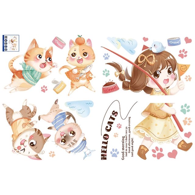 Un conjunto de pegatinas de pared con lindas niñas y gatos, decoración de pared.