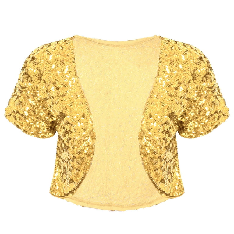 TiaoBug Womens Shiny Sequin Cropped Cardigan Jacket Short Sleeve Glitter Bolero Shrugs Dress Cover up Gold One Size