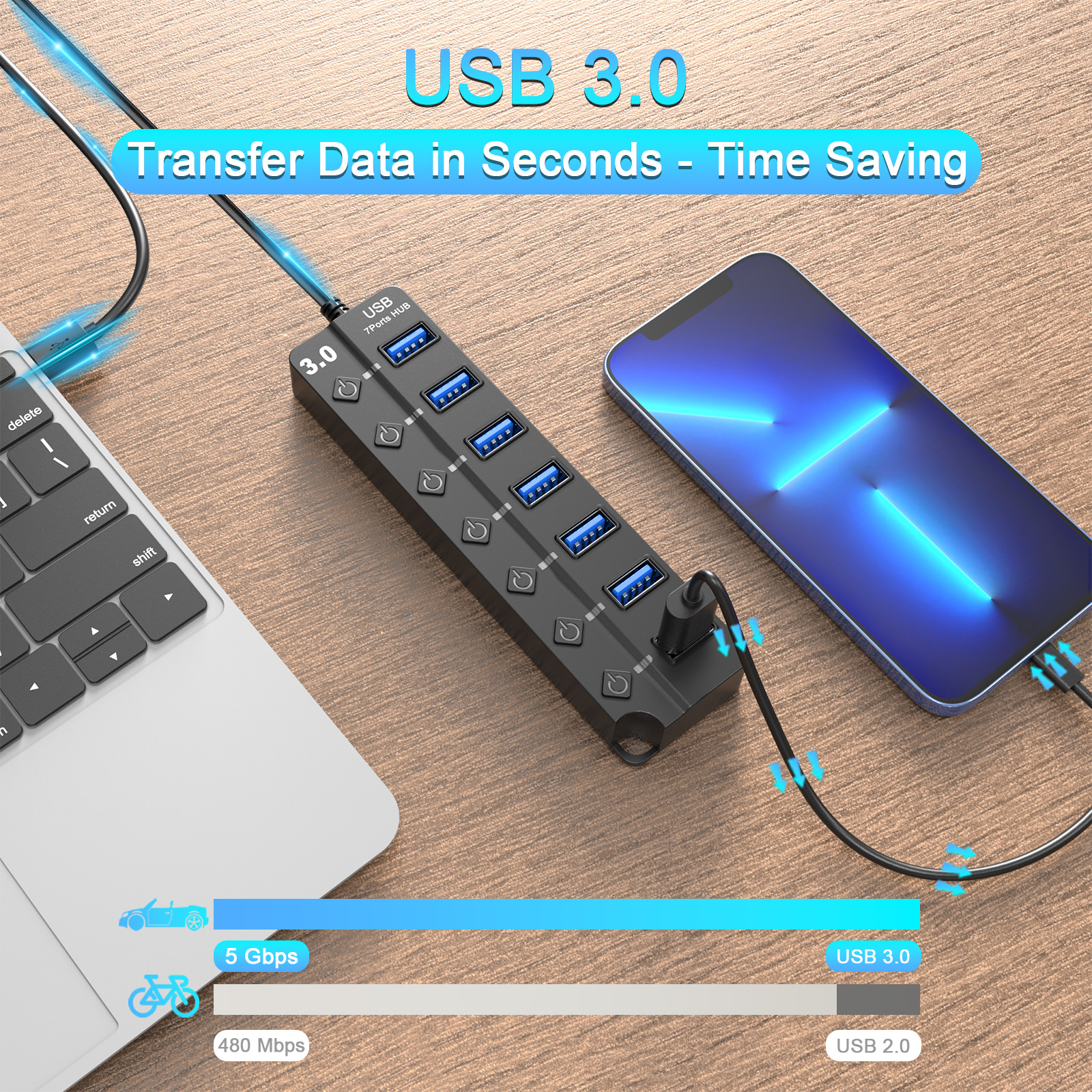 OWNTECH 7-Port USB 3.0 Hub with Individual Power Switches photo 2