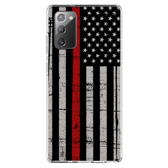 DistinctInk Clear Shockproof Hybrid Case for Galaxy Note 20 ULTRA (6.9" Screen) - TPU Bumper, Acrylic Back, Tempered Glass Screen Protector - Weathered Thin Red Line US Flag - First Responders