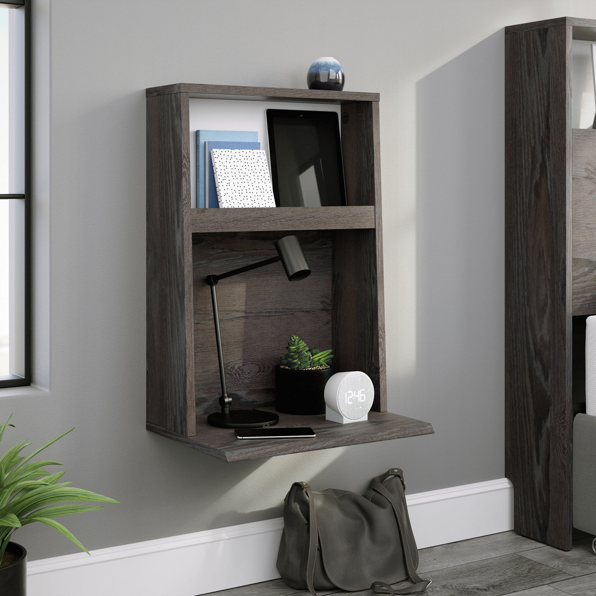 Sauder Hudson Court Floating Wall-Mounted Nightstand, Charcoal Ash Finish
