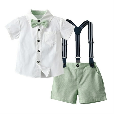 

Baby Boys Gentleman Suit Set 6M-7T Baptism Outfits Sets for Boys Short Sleeve Bowtie Shirt + Suspender Shorts Summer Clothes Set Green 3-4 Years