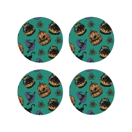 

Leather Coasters with Heat-resistant for Drinks Vintage Pumpkin Spider Cat -标题2 Round Shape