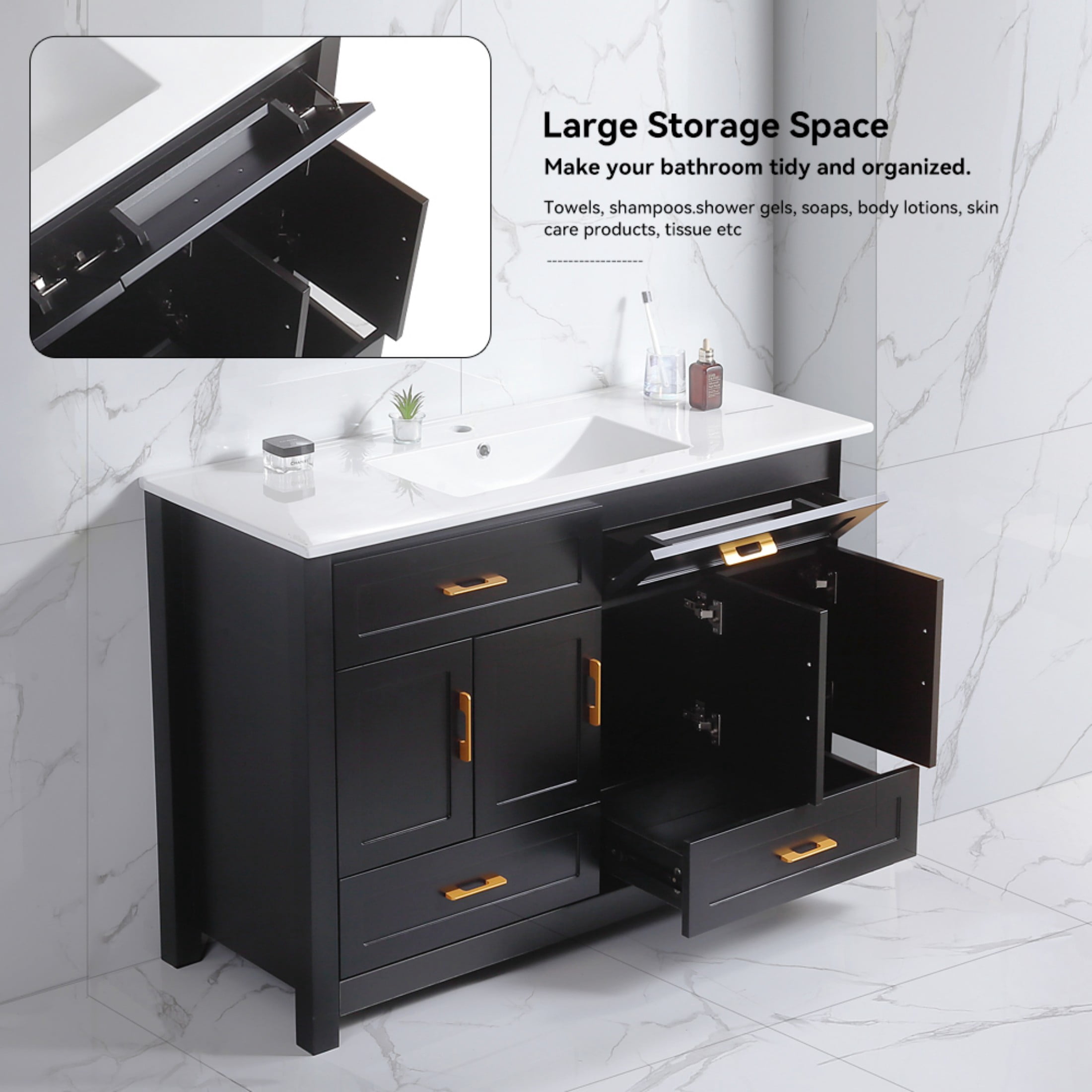 48"Bathroom Vanity, Freestanding Bathroom Vanities with Sink,Bathroom Storage Cabinet with 4 Soft close doors and 4 drawers, Black