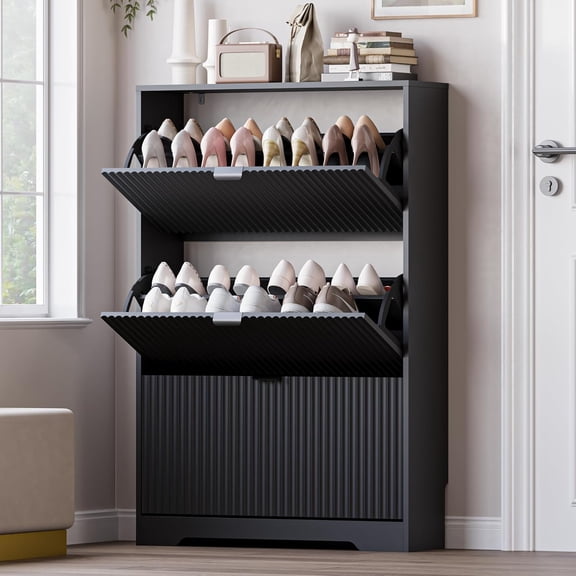 FANRAL Black Fluted Shoe Cabinet,Shoe Rack Storage Organizer