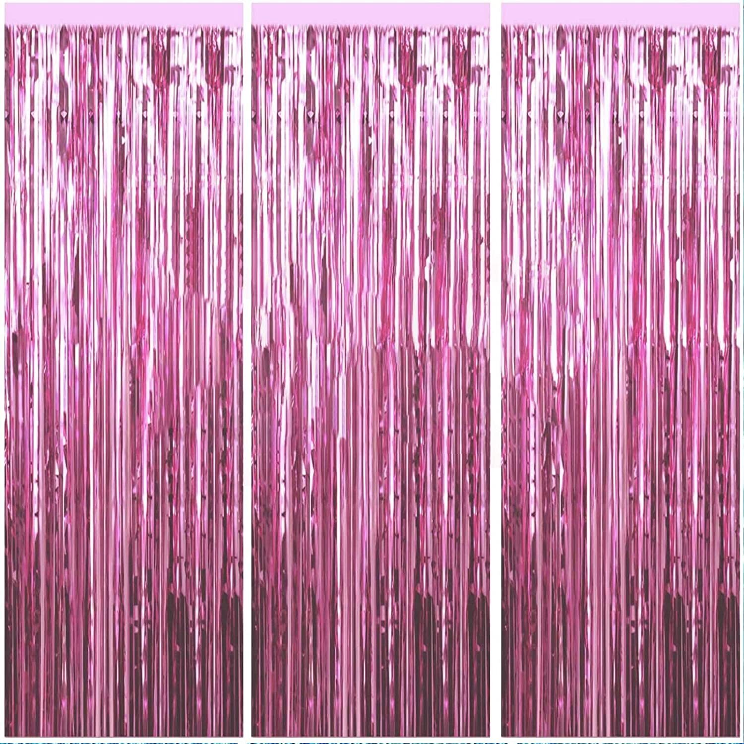 Wattne 3 Pack Metallic Tinsel Fringe Curtains Backdrop, Rose Pink photo 1