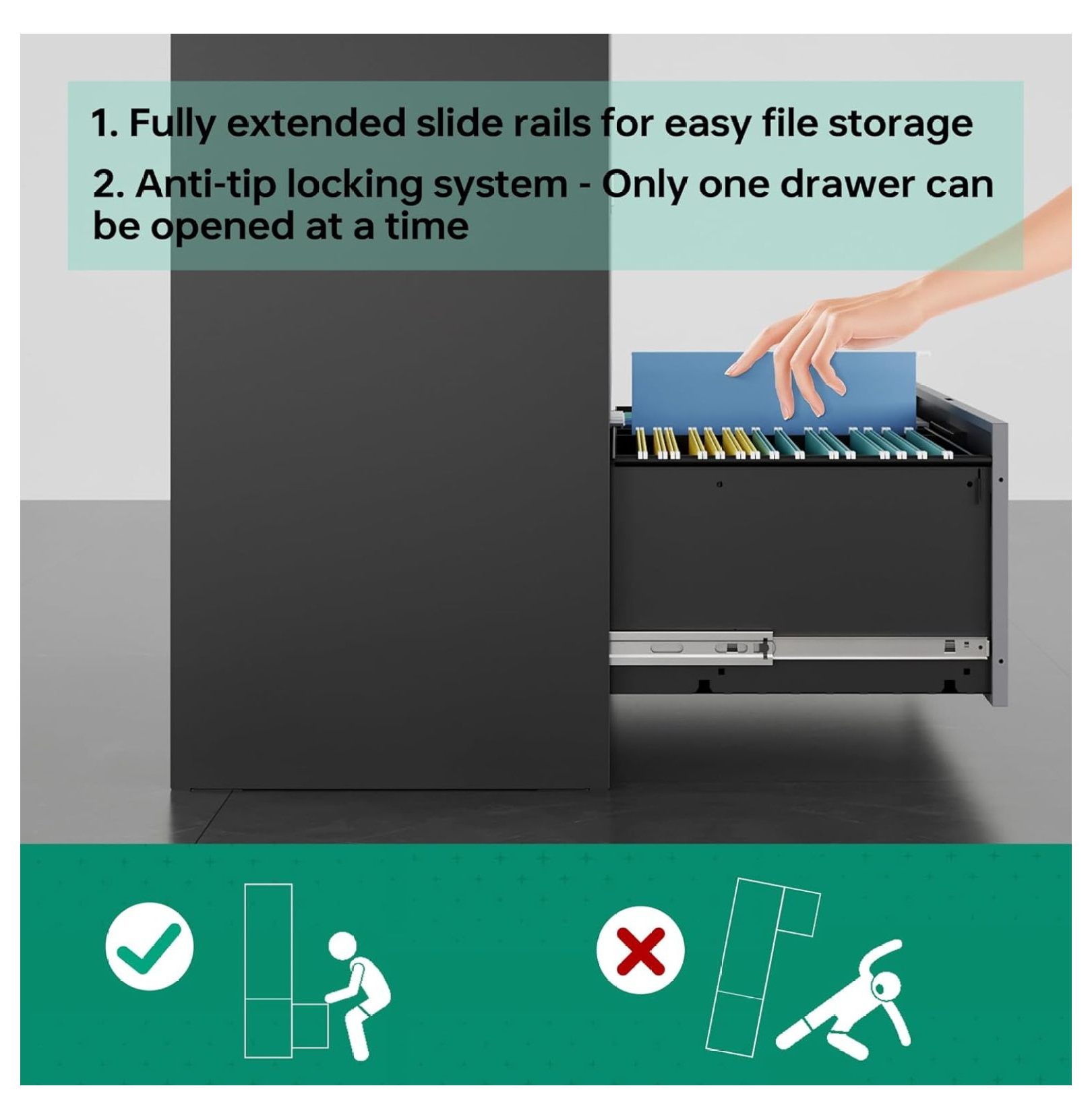 WDZS File Cabinet with Lock-Lateral 2 Drawer Metal Filing Cabinets-Organization Storage Cabinets for Home Office-Hanging Letter/Legal/F4/A4 Size (2 Drawer-Grey Black)