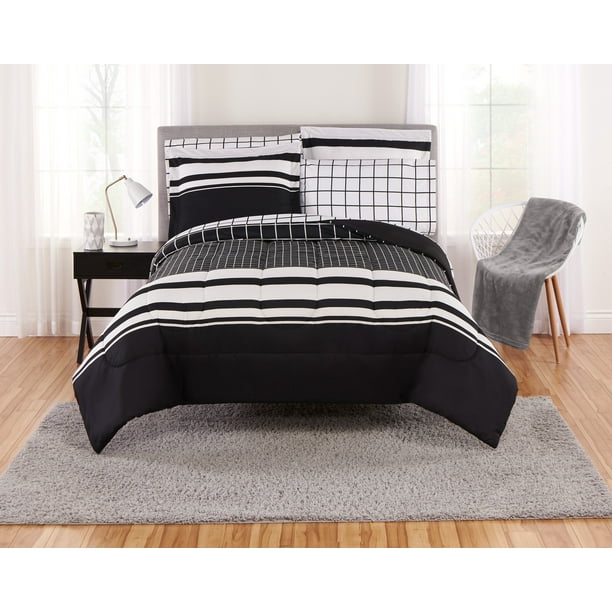Mainstays Even Plaid Black and White Bed in a Bag Bedding Set, Twin
