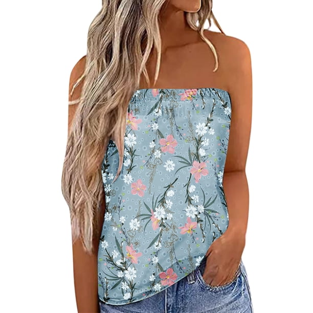 Básicos camisetas sin mangas para las mujeres Mujeres Pringting sin tirantes Bandeau Tank Casual sin mangas verano vacaciones suelta vacaciones Top camisa blusa mujeres Top (Light Blue, L)
