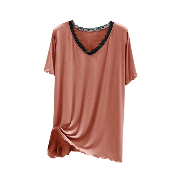 Blusas de Encaje para las Mujeres de Moda Tamaño Grande Cuello en V Color Sólido Camiseta de Manga Corta Abrigo de Casa