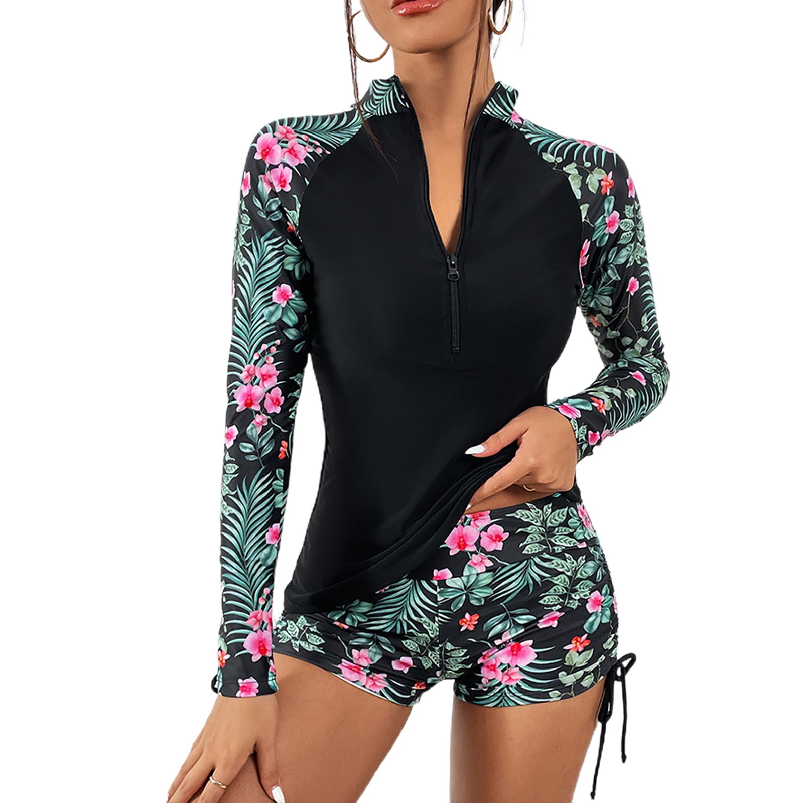 Plus Size Women Rash Guard Bathing Suit Long Sleeve Two Piece Swimsuit