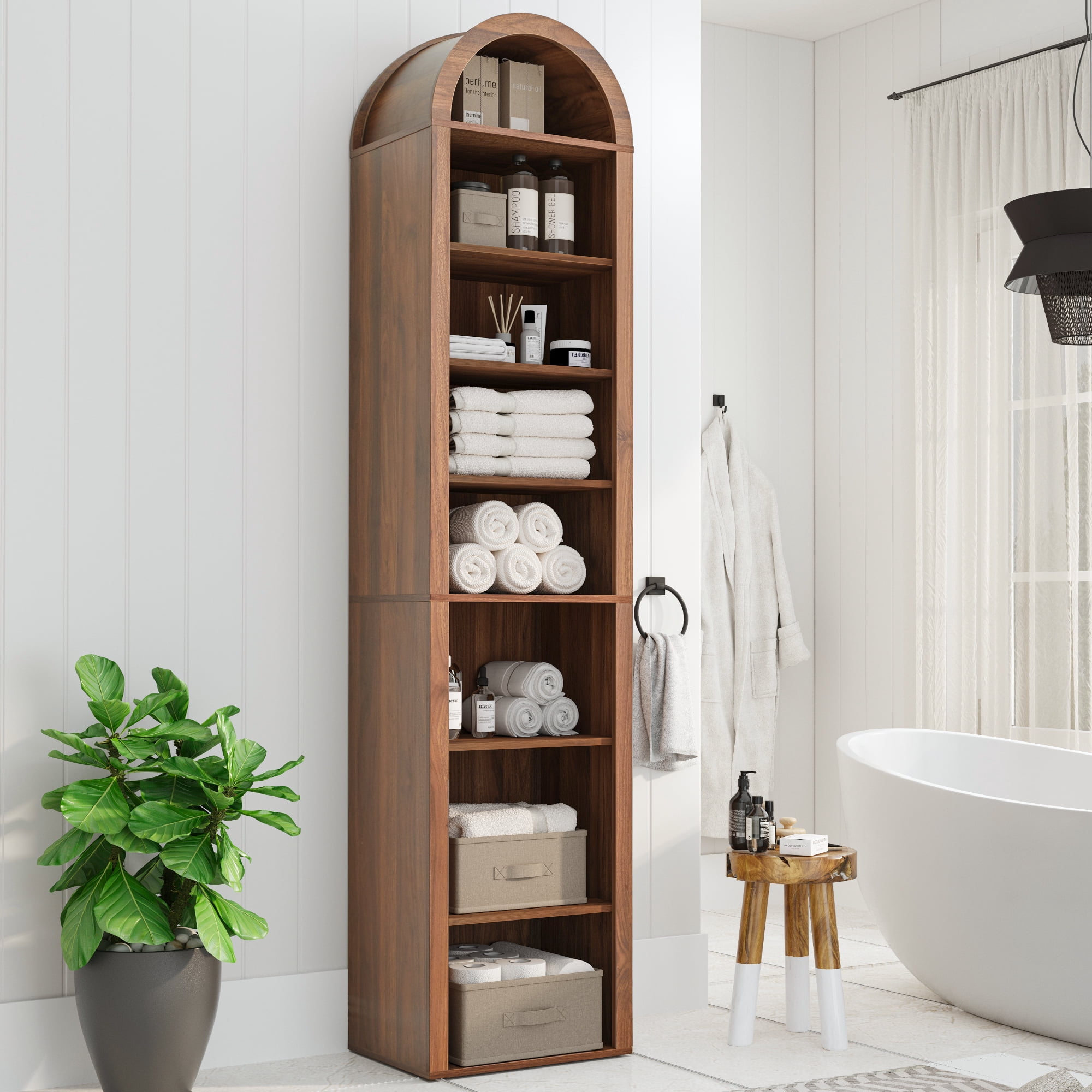 LEFHDA Narrow 8-Tier Arched Bookcase – Walnut, 15.7-Inch Wide Open Shelf for Books, Media Storage (CD/DVD), Bathroom, or Entryway