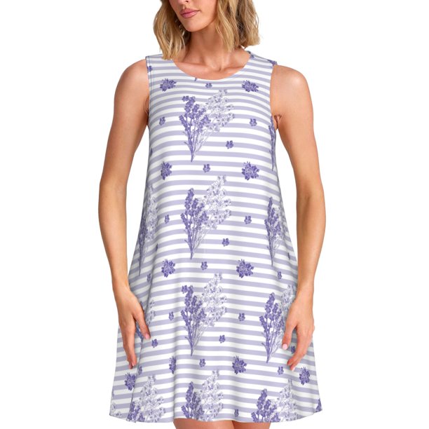 Fotbe Stripes and Sprigs of Lavender Vestido de Verano sin Mangas para Mujer – Vestido Midi Línea A, Estilo Camiseta Floral, Vestido Playero Casual y Fluido