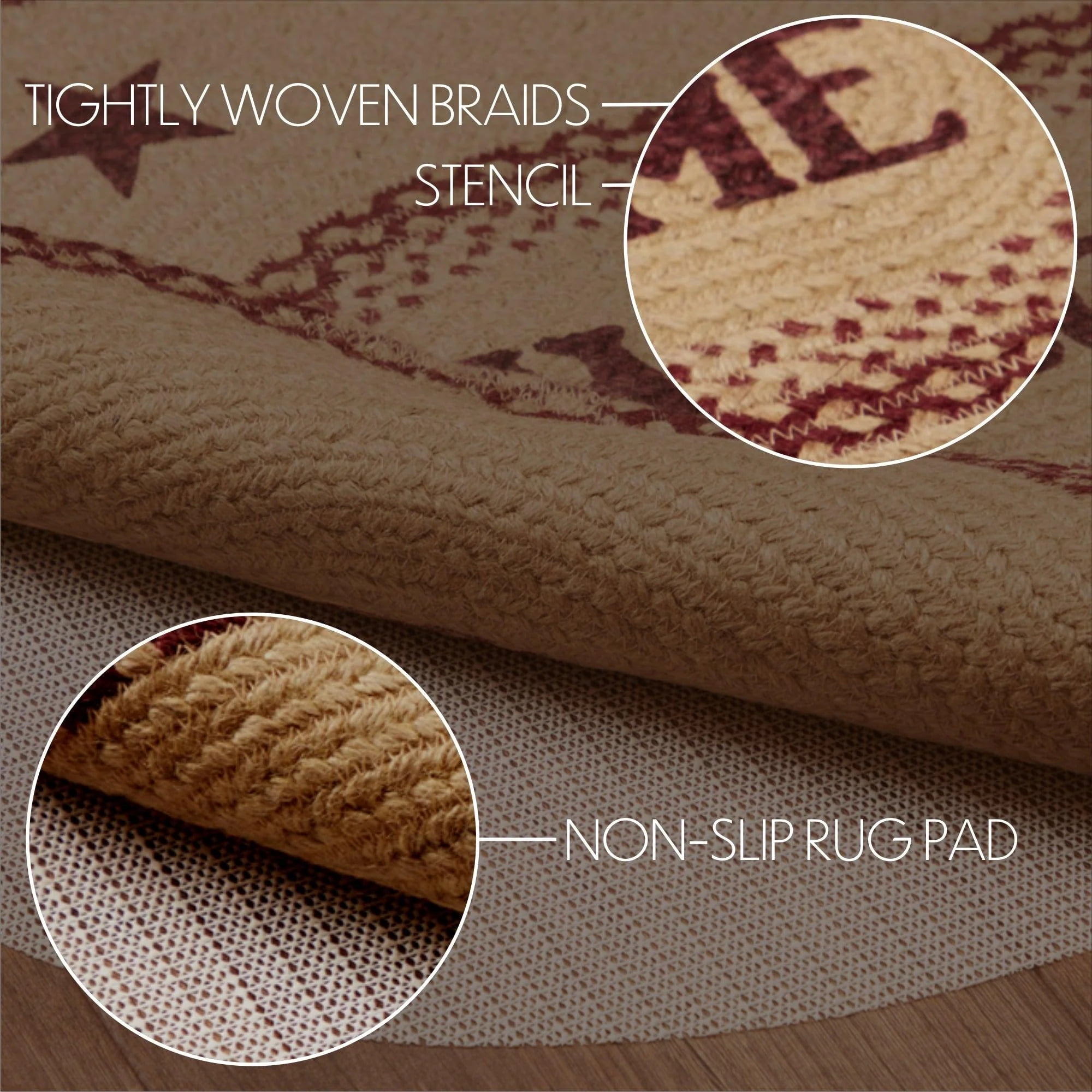 VHC Brands Burgundy Tan Jute Primitive 30"x20" Welcome Accent Rug Red Stenciled Text Oval Floor Decor