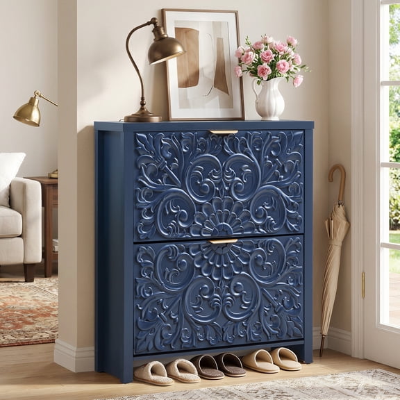 Wirrytor Floral Embossed Narrow Shoe Cabinet with 2 Flip Drawers, Slim Entryway Shoe Organizer for Hallway Foyer Bedroom, Midnight Blue