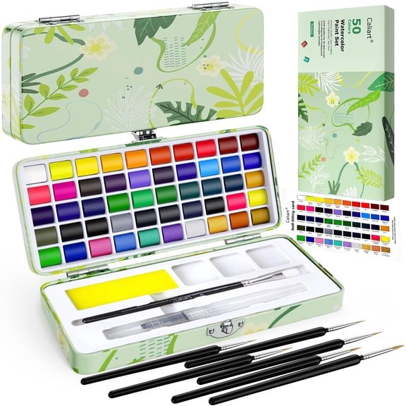 Caliart Watercolor Paint Set, 50 Colors Portable Travel Water Color Palette Kit with Detail Paint Brush, Art Supplies for Painting Coloring, Christmas Gifts for Artist Adult Teen Girls Boys Beginners