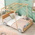 thumbnail image 3 of Euroco Wood Full Size Canopy Bed, Car Bed with Pillow and Ceiling Cloth Design, Platform Bed with LED Light for Kids Teens, Natural, 3 of 9