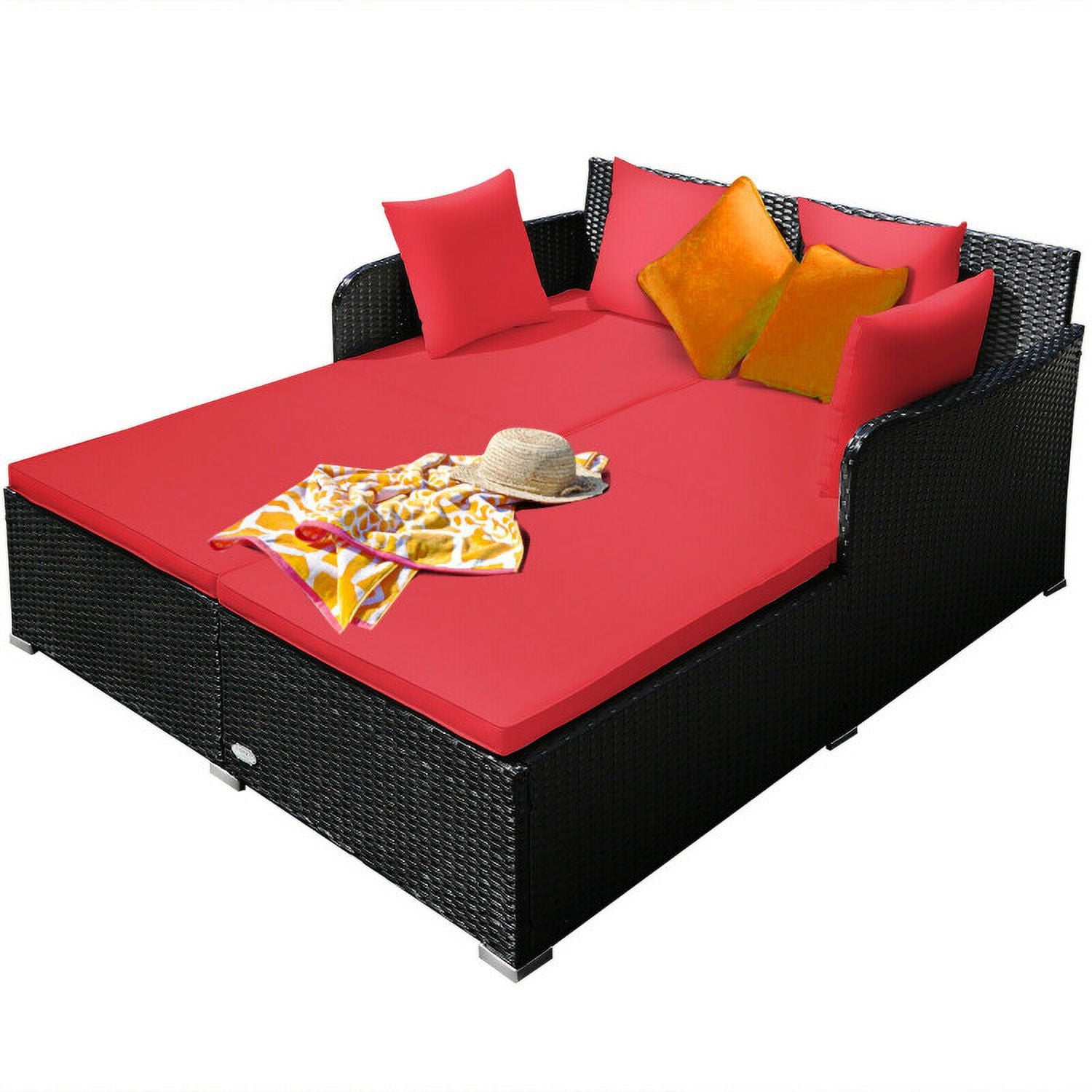 Aimee Lii Spacious Outdoor Rattan Daybed with Upholstered Cushions and Pillows, Outdoor Deck Furniture, Red Aimee Lii Spacious Outdoor Rattan Daybed with Upholstered Cushions and Pillows, Outdoor Deck Furniture, Red