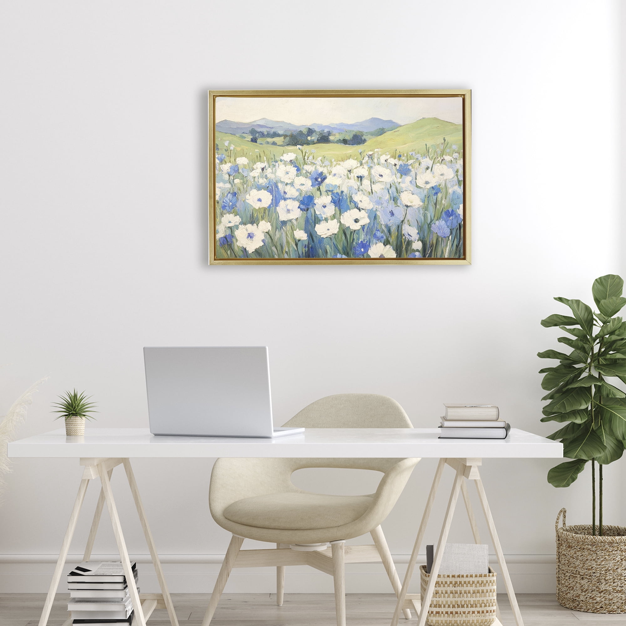 Stupell Industries Blue & White Daisies Gold Framed Floater Canvas Wall Art, design by Petal Prints Design