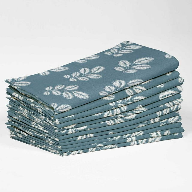 Vargottam Botanical Leaf Print Cotton Napkins - Set of 12, 20x20 Inches, Soft Grayish Blue with Ivory Motif,Perfect for Nature Inspired Dining, Spring Celebrations, Weddings - Machine Washable